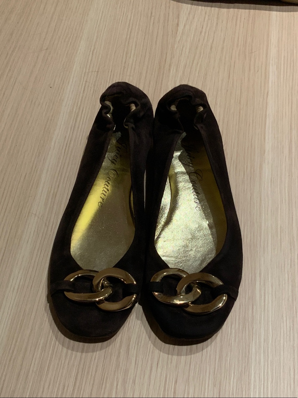 Juicy Couture Black Ballet Flats with Gold Chain Detail